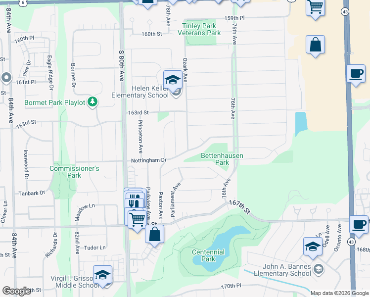 map of restaurants, bars, coffee shops, grocery stores, and more near 16422 Ozark Avenue in Tinley Park