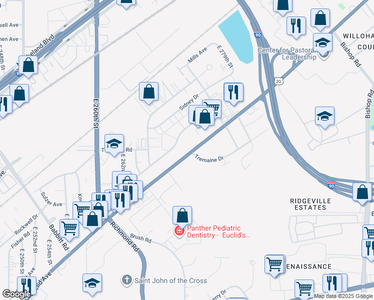 map of restaurants, bars, coffee shops, grocery stores, and more near 27101 Euclid Avenue in Euclid
