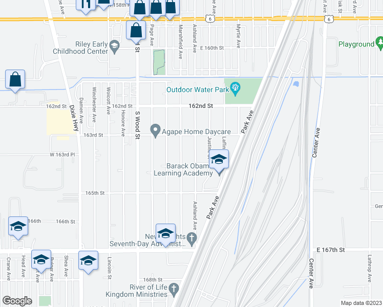 map of restaurants, bars, coffee shops, grocery stores, and more near 16340 Ashland Avenue in Markham