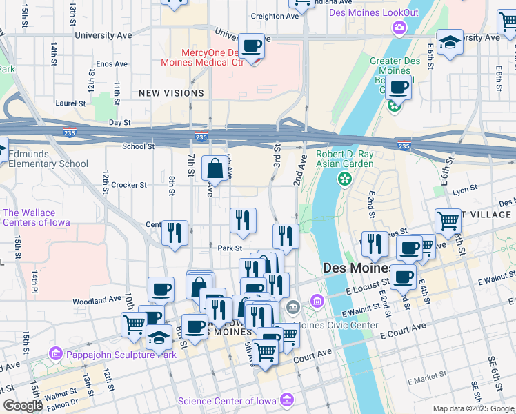 map of restaurants, bars, coffee shops, grocery stores, and more near 730 3rd Street in Des Moines