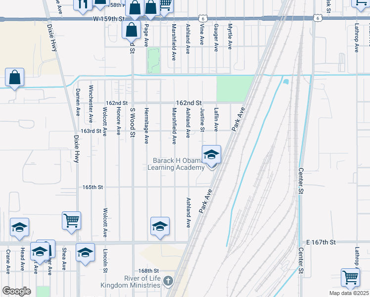 map of restaurants, bars, coffee shops, grocery stores, and more near 16340 Ashland Avenue in Markham