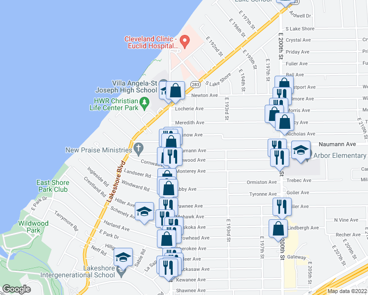 map of restaurants, bars, coffee shops, grocery stores, and more near 18631 Naumann Avenue in Euclid