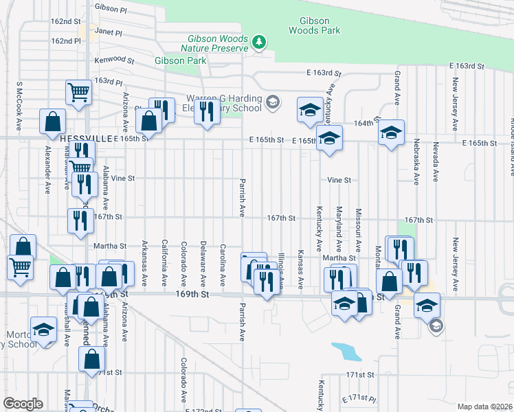 map of restaurants, bars, coffee shops, grocery stores, and more near 6636 Idaho Avenue in Hammond