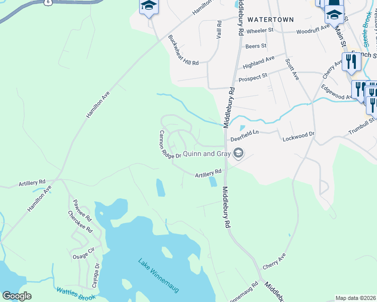 map of restaurants, bars, coffee shops, grocery stores, and more near 6 Cannon Ridge Drive in Watertown