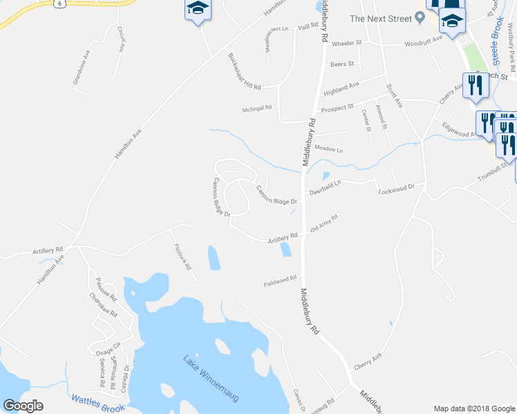 map of restaurants, bars, coffee shops, grocery stores, and more near 6 Cannon Ridge Drive in Watertown