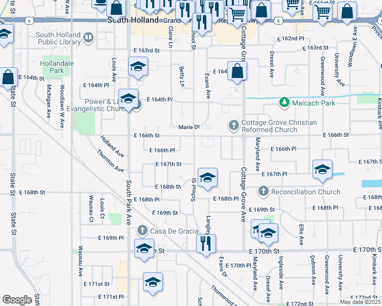 map of restaurants, bars, coffee shops, grocery stores, and more near 16628 School Street in South Holland