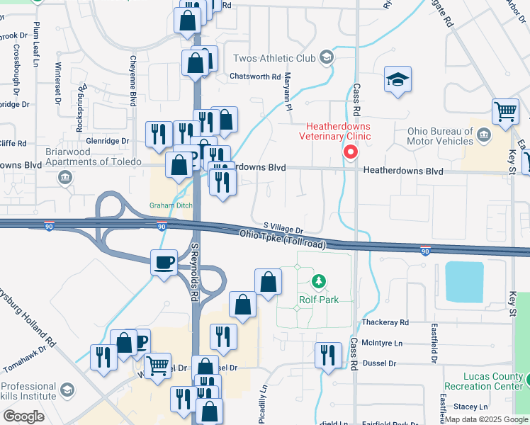 map of restaurants, bars, coffee shops, grocery stores, and more near 2604 West Village Drive in Toledo