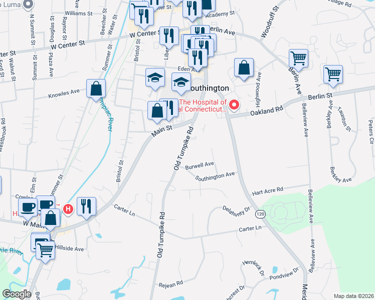 map of restaurants, bars, coffee shops, grocery stores, and more near 57 Old Turnpike Road in Southington