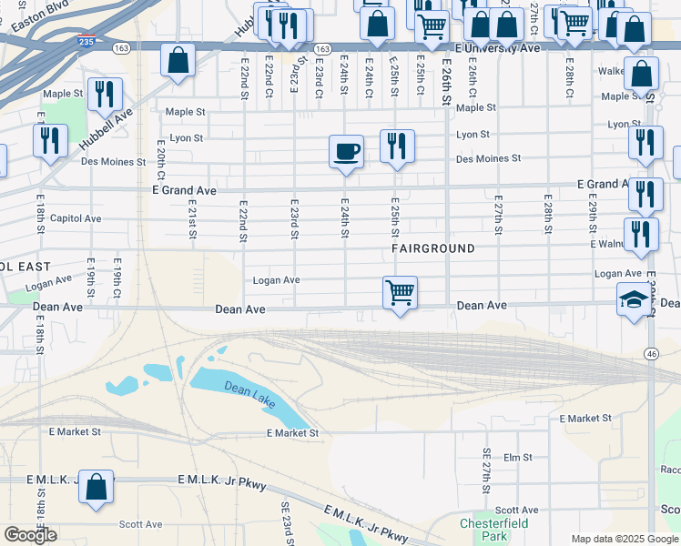 map of restaurants, bars, coffee shops, grocery stores, and more near 2344 Logan Avenue in Des Moines