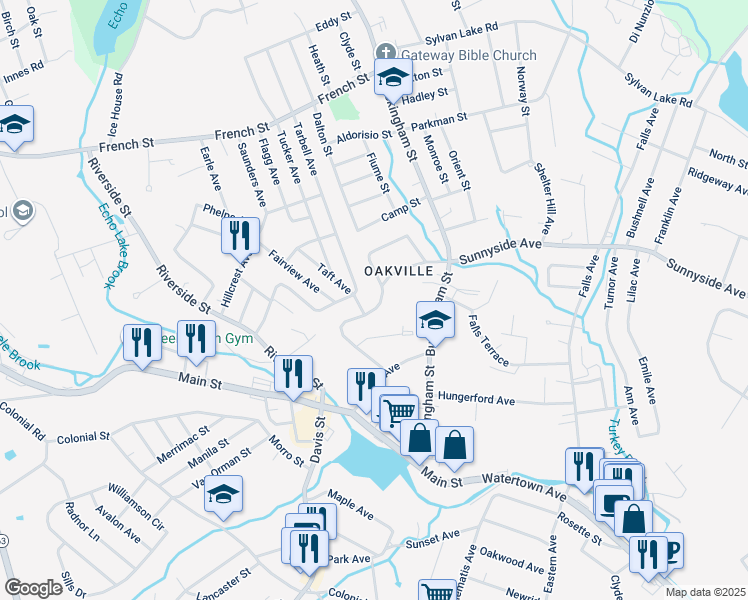 map of restaurants, bars, coffee shops, grocery stores, and more near 132 Ball Farm Road in Watertown
