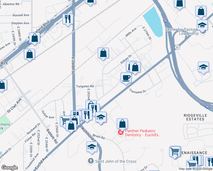 map of restaurants, bars, coffee shops, grocery stores, and more near 1403 East 264th Street in Euclid