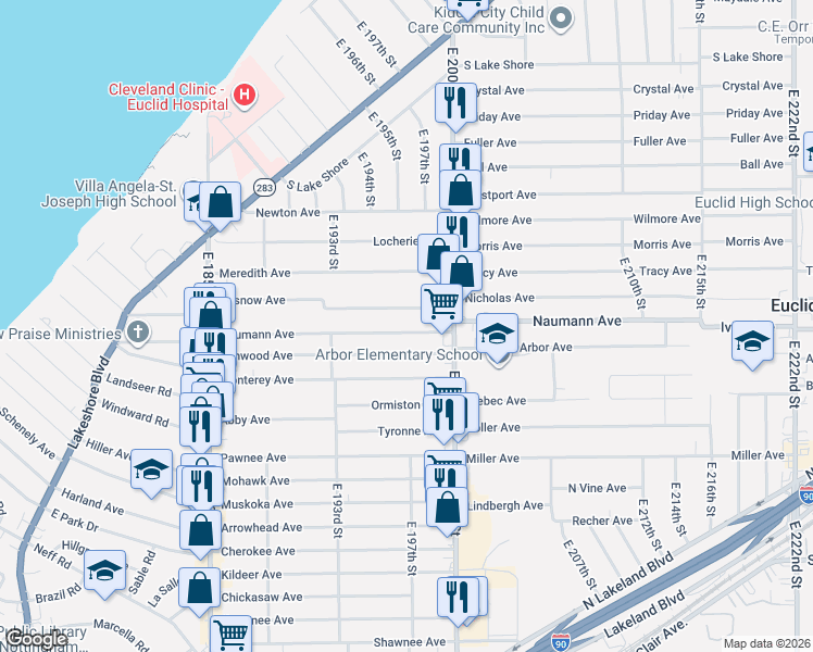 map of restaurants, bars, coffee shops, grocery stores, and more near 19800 Naumann Avenue in Euclid