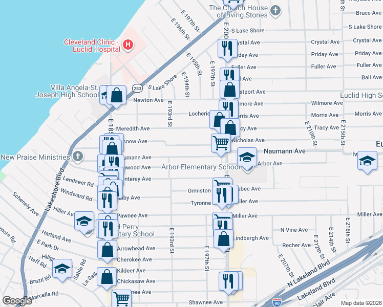 map of restaurants, bars, coffee shops, grocery stores, and more near 19550 Naumann Avenue in Euclid