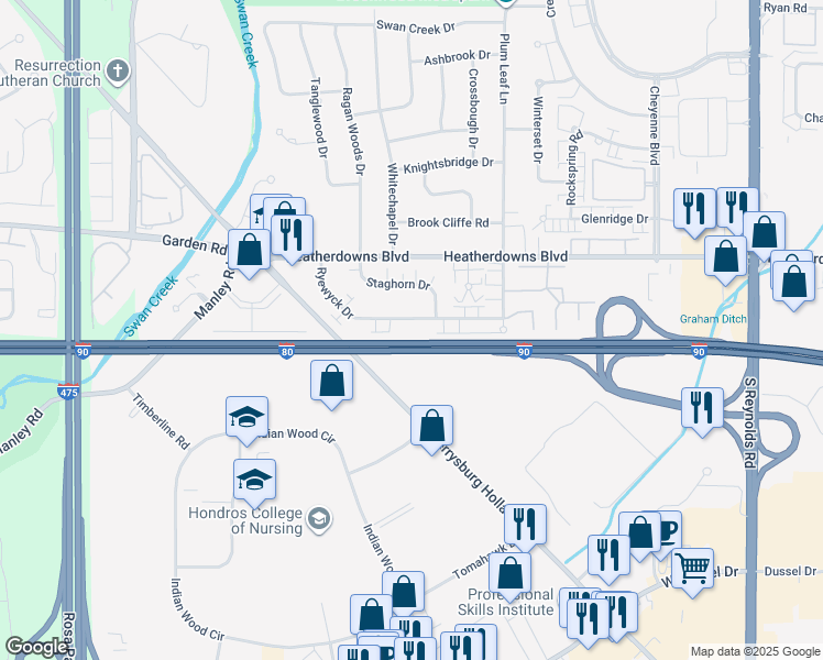 map of restaurants, bars, coffee shops, grocery stores, and more near 5719 Ryewyck Drive in Toledo