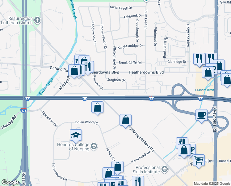 map of restaurants, bars, coffee shops, grocery stores, and more near 5757 Ryewyck Drive in Toledo