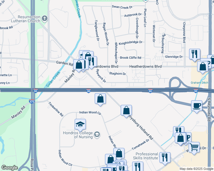 map of restaurants, bars, coffee shops, grocery stores, and more near 5825 Ryewyck Drive in Toledo