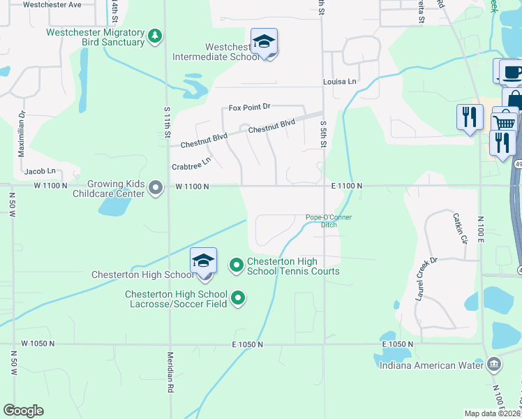map of restaurants, bars, coffee shops, grocery stores, and more near 556-584 Windridge Drive in Chesterton