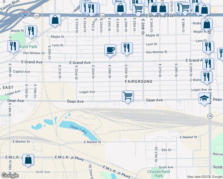map of restaurants, bars, coffee shops, grocery stores, and more near 222 East 24th Street in Des Moines