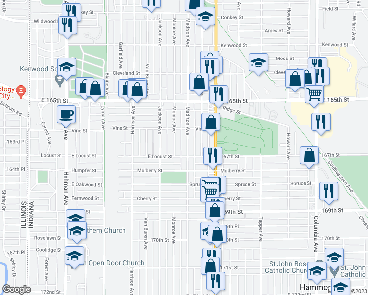 map of restaurants, bars, coffee shops, grocery stores, and more near 6636 Madison Avenue in Hammond