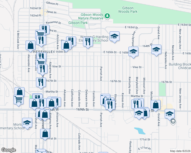 map of restaurants, bars, coffee shops, grocery stores, and more near 3131 167th Street in Hammond