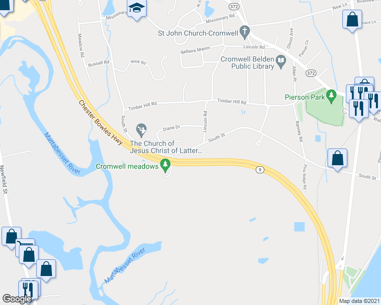 map of restaurants, bars, coffee shops, grocery stores, and more near 117 South Street in Cromwell