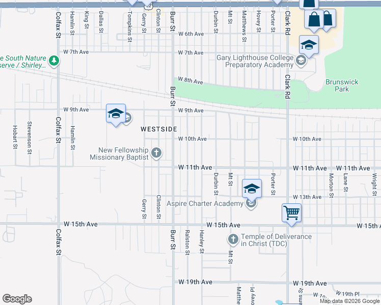 map of restaurants, bars, coffee shops, grocery stores, and more near 1083 Ralston Street in Gary