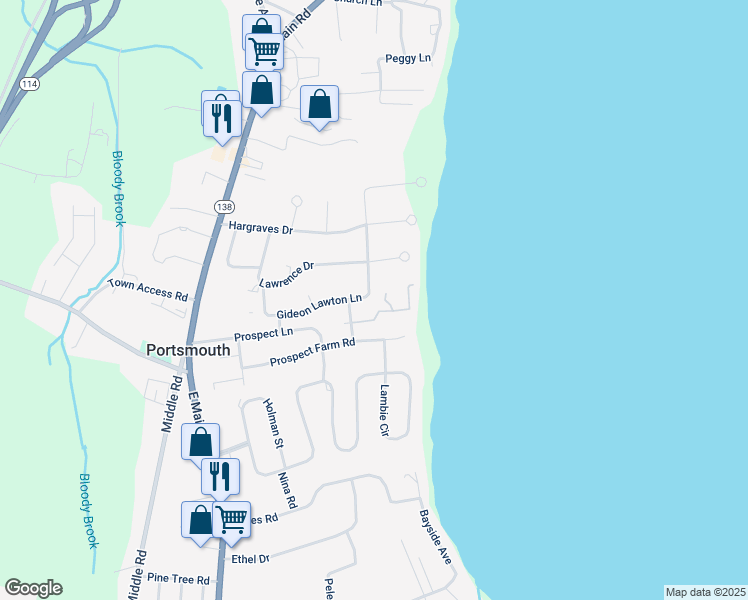 map of restaurants, bars, coffee shops, grocery stores, and more near 165 Gideon Lawton Lane in Portsmouth