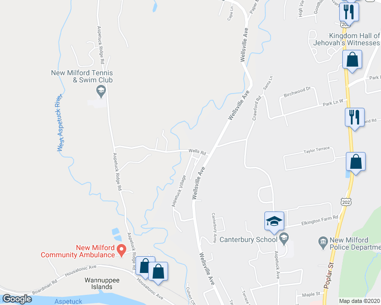 map of restaurants, bars, coffee shops, grocery stores, and more near 9 Wells Road in New Milford
