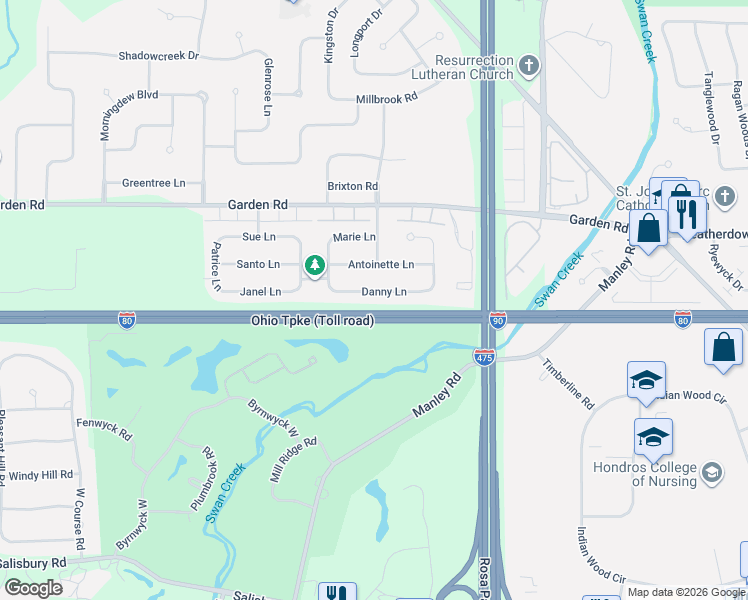 map of restaurants, bars, coffee shops, grocery stores, and more near 6449 Danny Lane in Maumee