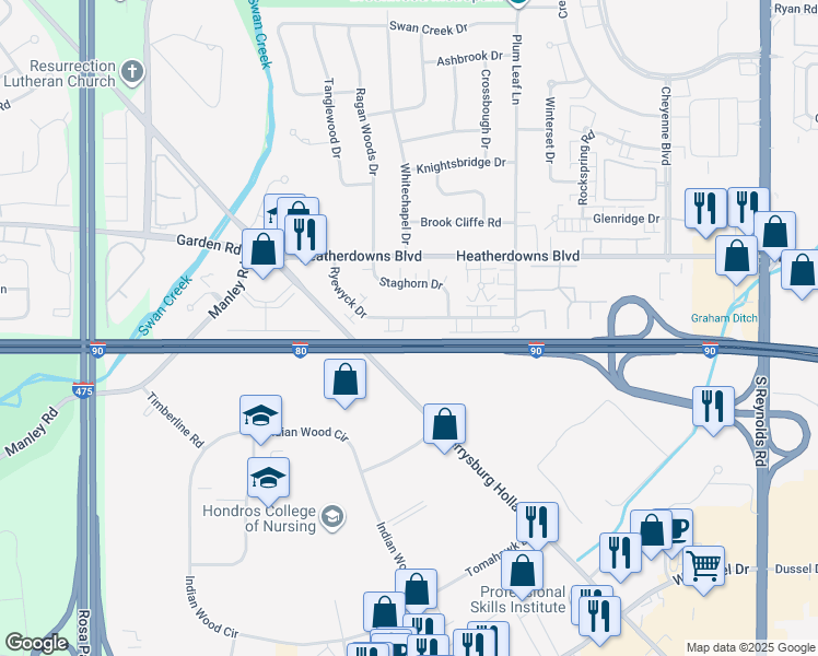 map of restaurants, bars, coffee shops, grocery stores, and more near 5757 Ryewyck Drive in Toledo