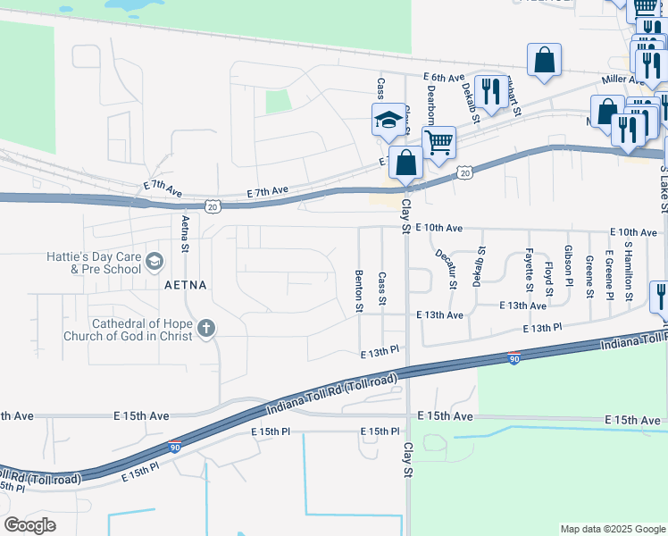 map of restaurants, bars, coffee shops, grocery stores, and more near East 11th Avenue in Gary