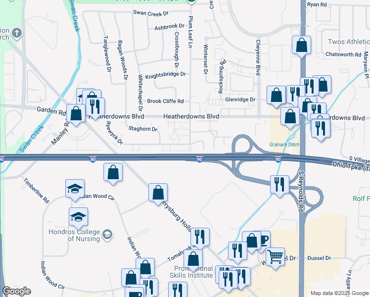 map of restaurants, bars, coffee shops, grocery stores, and more near Ohio Turnpike in Toledo