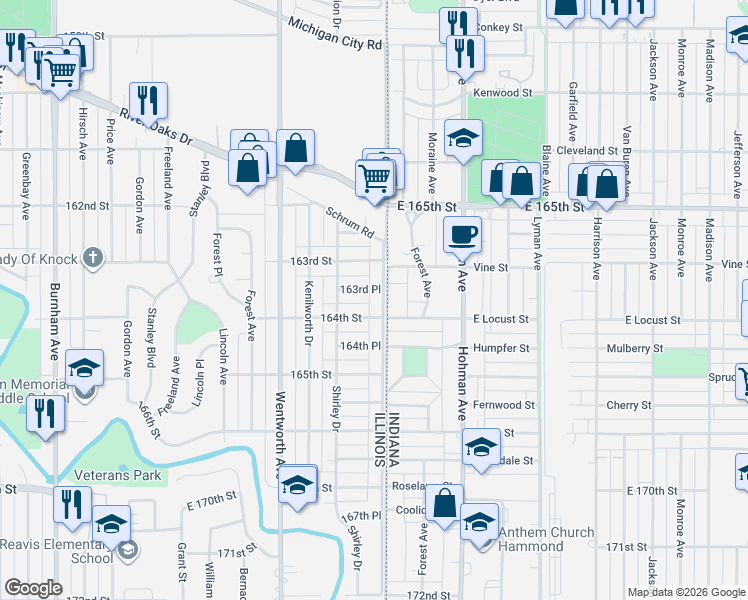 map of restaurants, bars, coffee shops, grocery stores, and more near 25 164th Street in Calumet City