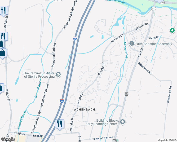 map of restaurants, bars, coffee shops, grocery stores, and more near 91 Dove Lane in Middletown