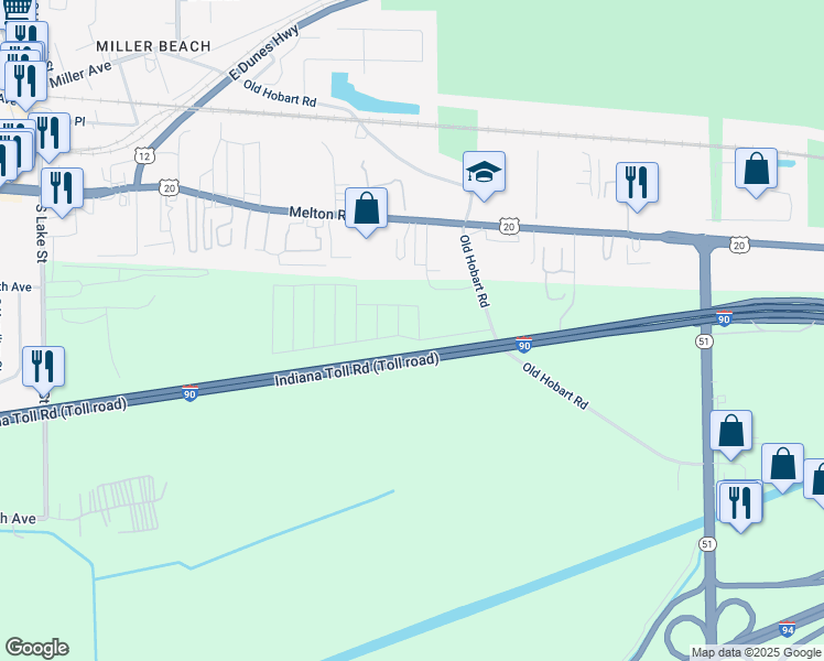 map of restaurants, bars, coffee shops, grocery stores, and more near 7300 East 10th Avenue in Lake Station