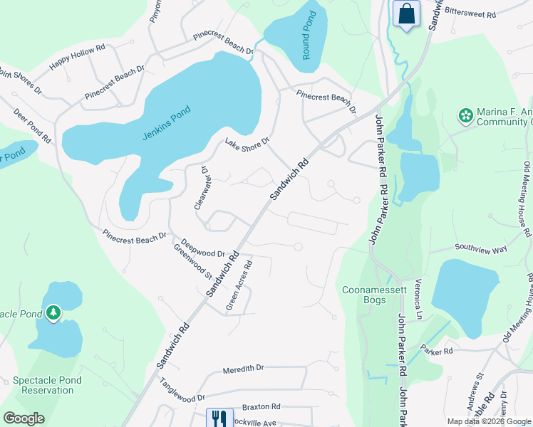 map of restaurants, bars, coffee shops, grocery stores, and more near 11 Grace Court in Falmouth