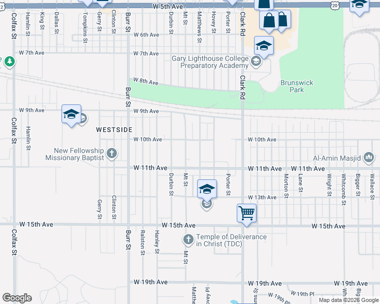 map of restaurants, bars, coffee shops, grocery stores, and more near 1074 Mount Street in Gary
