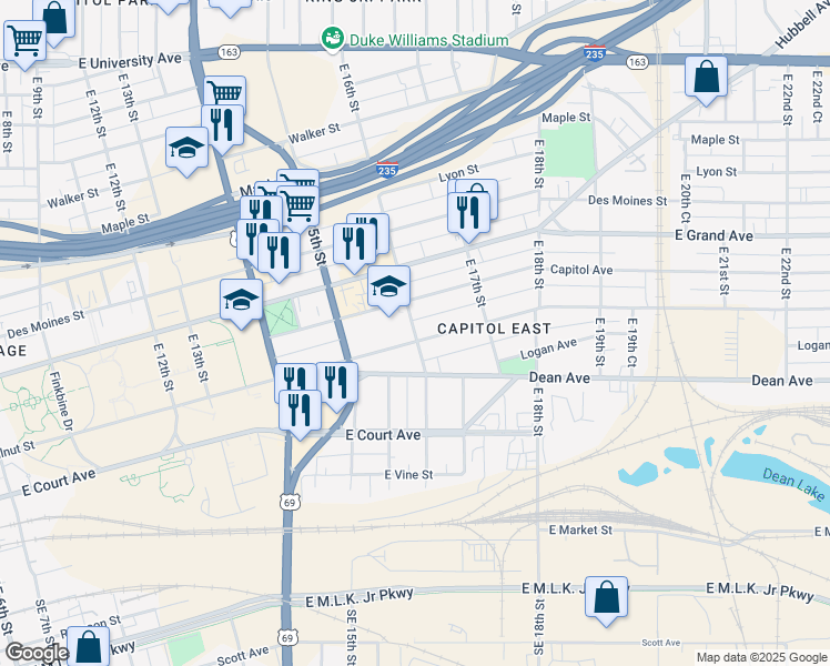 map of restaurants, bars, coffee shops, grocery stores, and more near 320 East 16th Street in Des Moines