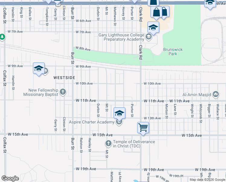 map of restaurants, bars, coffee shops, grocery stores, and more near 1074 Matthews Street in Gary