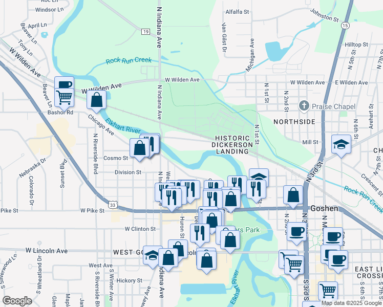 map of restaurants, bars, coffee shops, grocery stores, and more near 512 North Chicago Avenue in Goshen