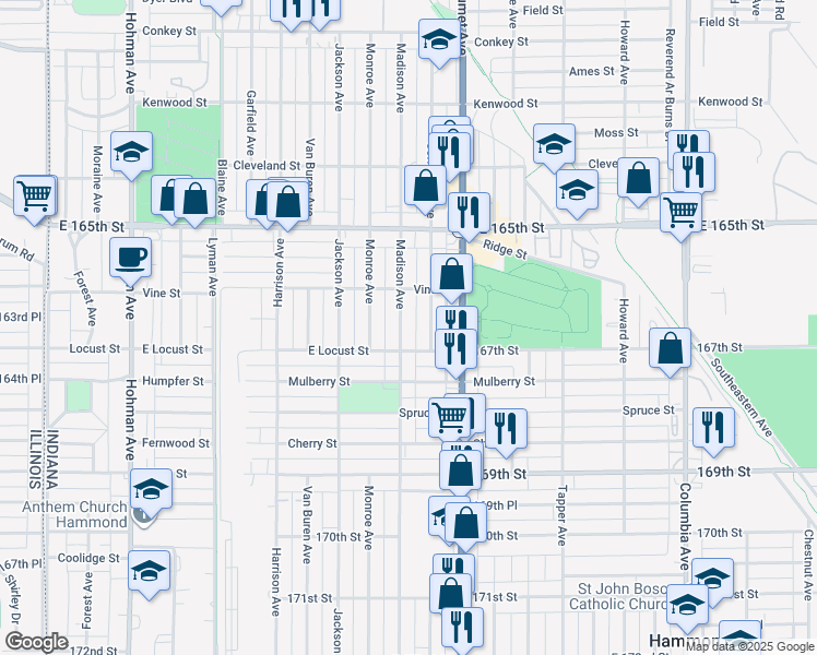 map of restaurants, bars, coffee shops, grocery stores, and more near 6650 Madison Avenue in Hammond