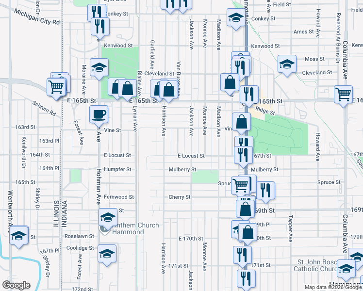 map of restaurants, bars, coffee shops, grocery stores, and more near 531-599 East Locust Street in Hammond