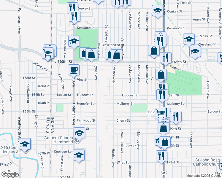 map of restaurants, bars, coffee shops, grocery stores, and more near 6649 Harrison Avenue in Hammond