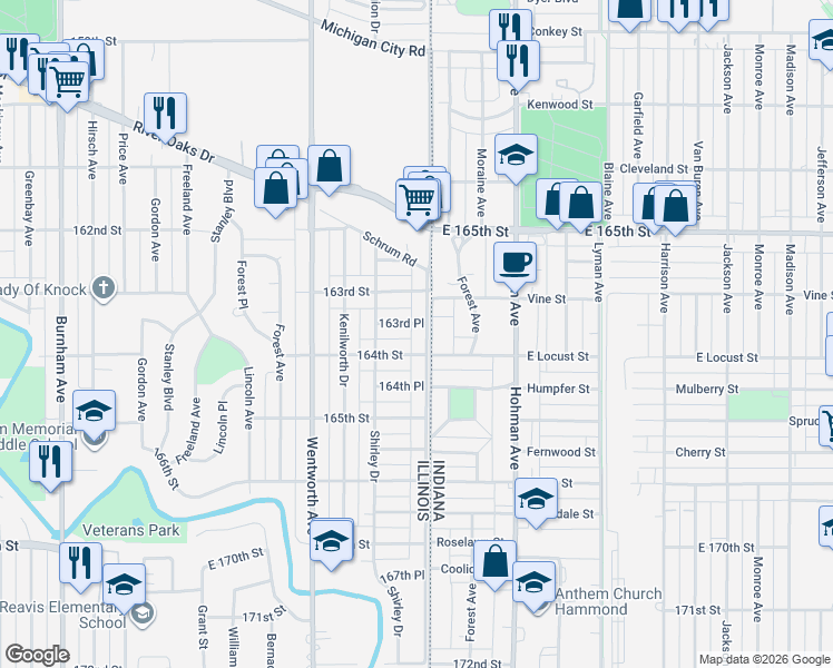 map of restaurants, bars, coffee shops, grocery stores, and more near 25 164th Street in Calumet City