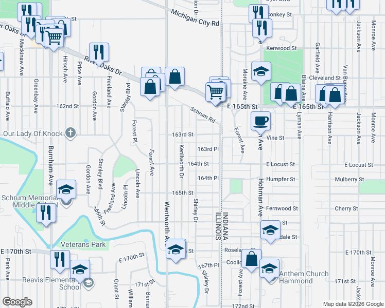 map of restaurants, bars, coffee shops, grocery stores, and more near 110 164th Street in Calumet City