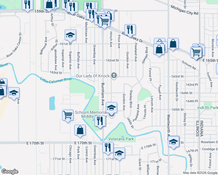 map of restaurants, bars, coffee shops, grocery stores, and more near 1448 Hirsch Avenue in Calumet City