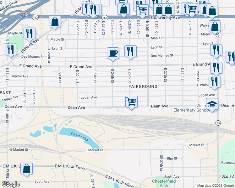 map of restaurants, bars, coffee shops, grocery stores, and more near 2427 Logan Avenue in Des Moines