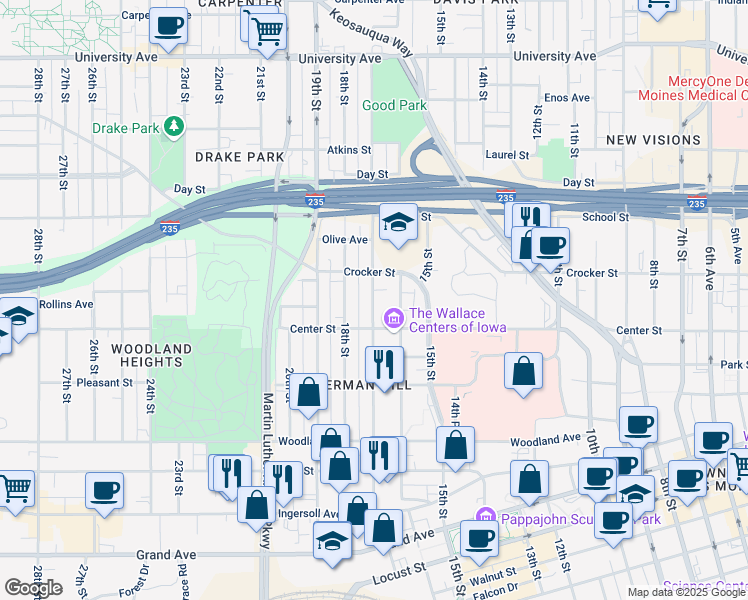 map of restaurants, bars, coffee shops, grocery stores, and more near 808 17th Street in Des Moines