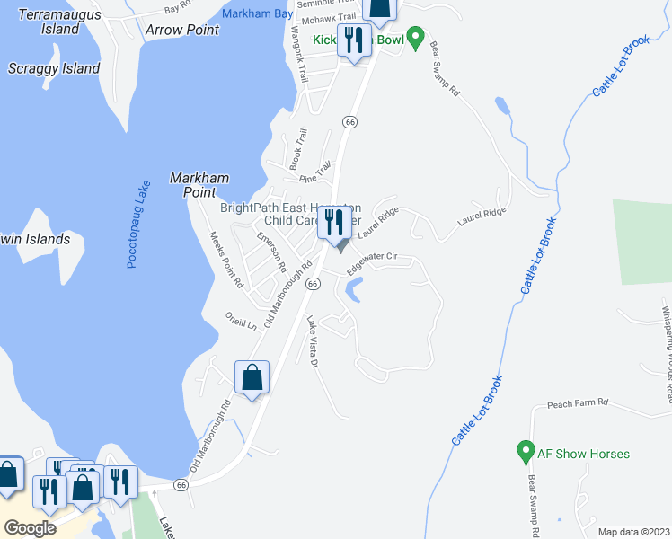 map of restaurants, bars, coffee shops, grocery stores, and more near 10 Edgewater Circle in East Hampton