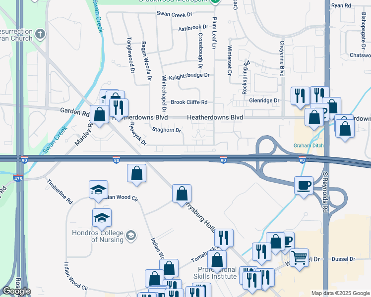 map of restaurants, bars, coffee shops, grocery stores, and more near 5661 Ryewyck Drive in Toledo